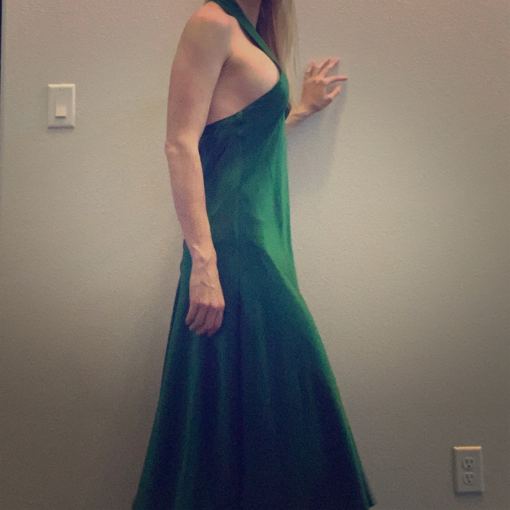 100% silk emerald green backless evening gown.
